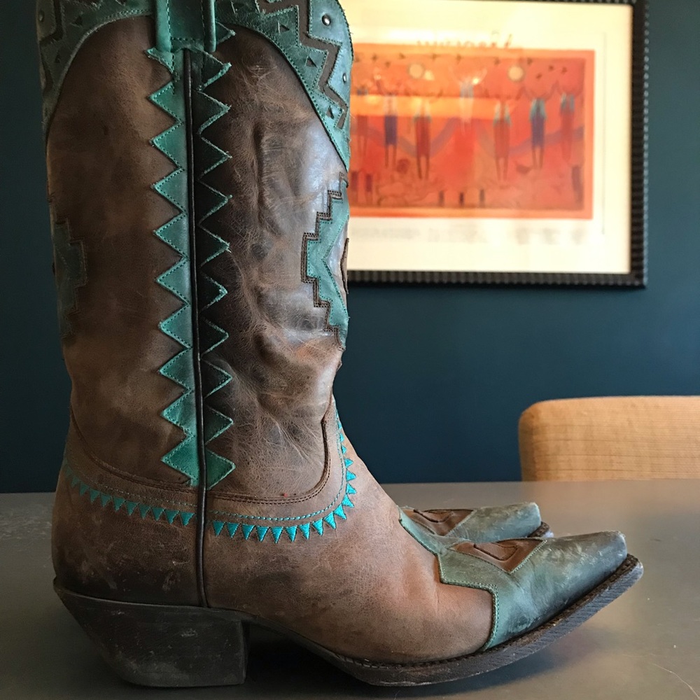 Western boots. Distressed Brown & Teal.